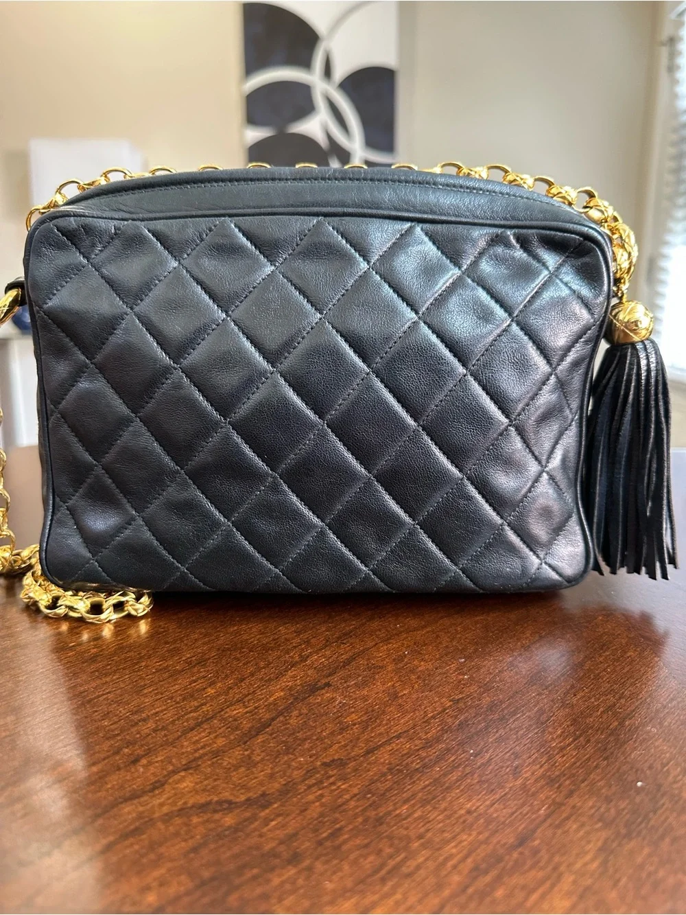 CHANEL Black Quilted Lambskin Shoulder Camera Bag with Gold Chain
